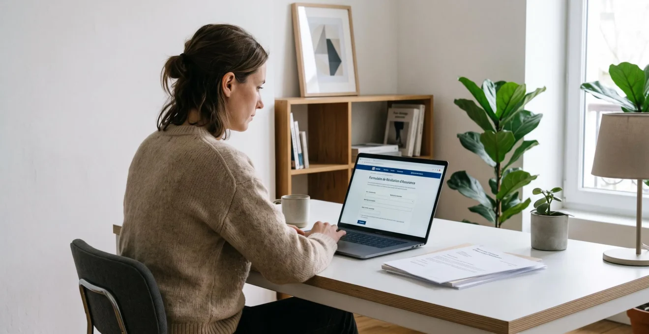 Femme travaillant sur ordinateur portable dans un bureau à domicile contemporain, remplissant un formulaire de résiliation d'assurance emprunteur en ligne, avec documents préparés à côté